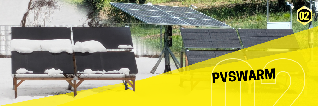 PV-Anlage im Schnee mit Überschrift "PVSwarm"
