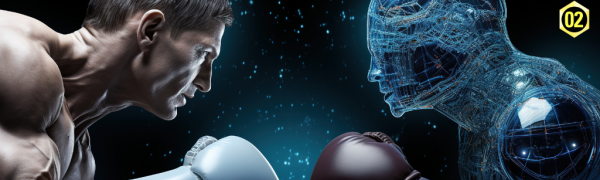 Boxer und Künstliches intelligenz Wesen stehen sich gegenüber