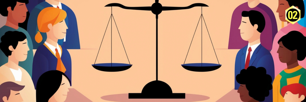 20. Februar ist der Tag der sozialen Gerechtigkeit. Auf dem Bild in der Mitte eine Waage, links und rechts Menschen.