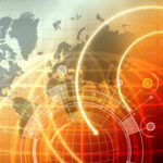 Globe with world map and circuit board in background (Digital)