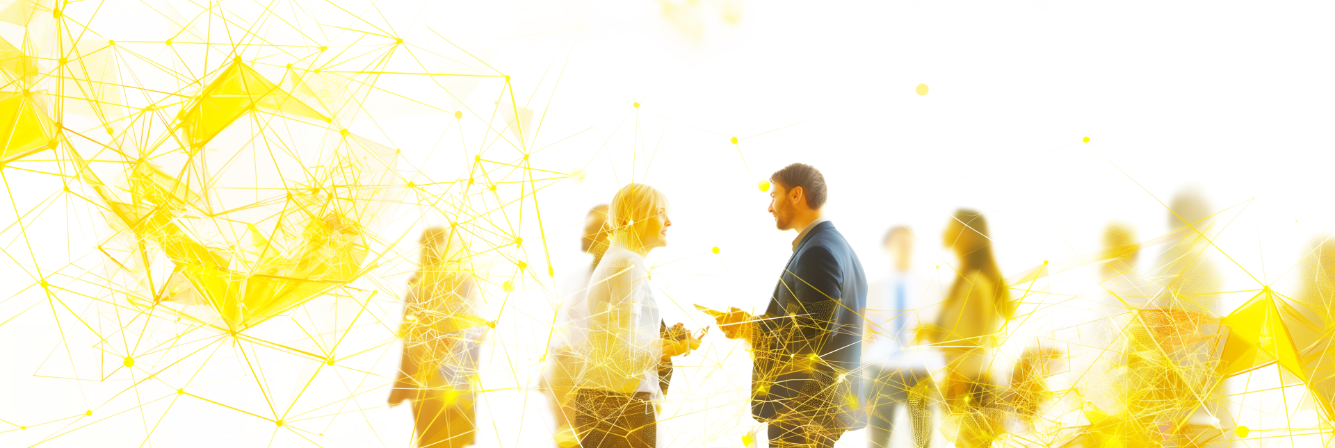 People in business casual clothing are standing in a white space with yellow data streams flowing around