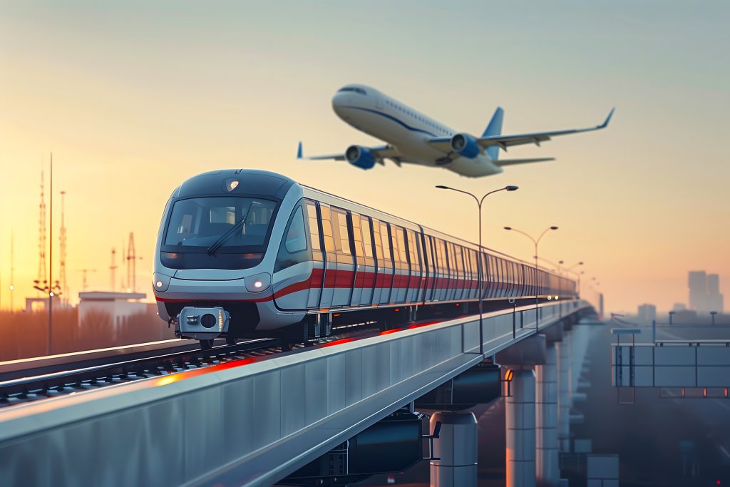 View railway track and suburban electric train rushing to the departure area airfield. Passenger plane flying in sky, landing at airport. Concept of modern infrastructure transport travel.