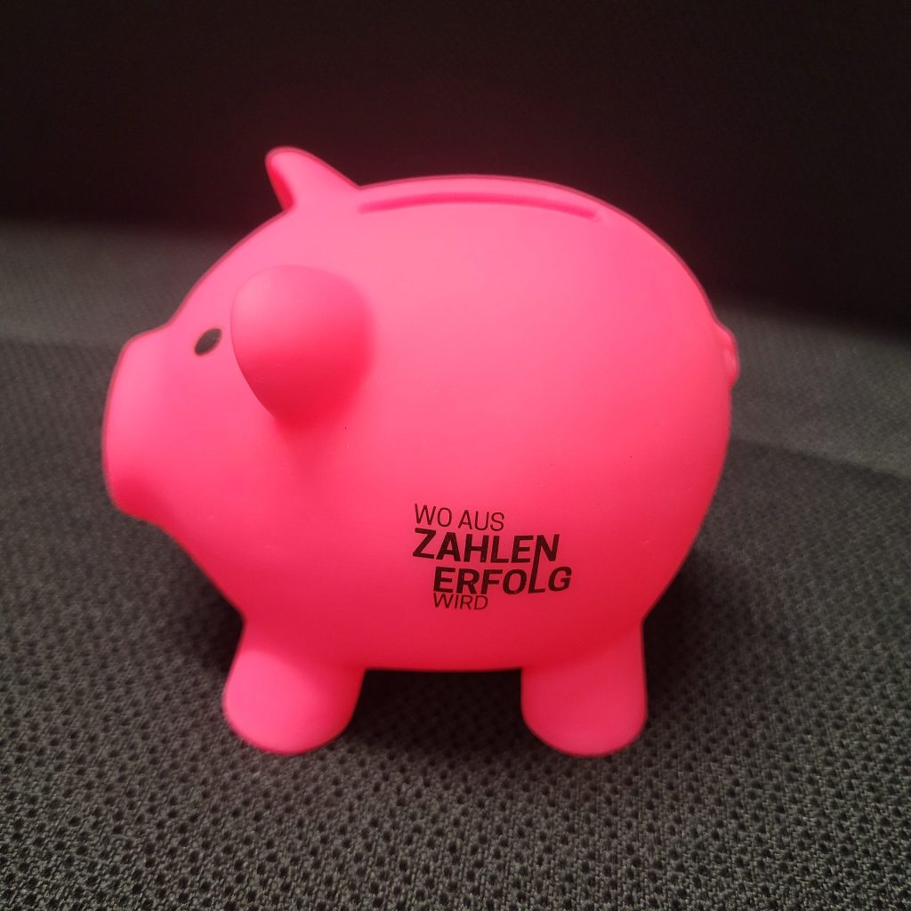 Pinkes Schwein als Maskottchen für Rechnungswesen und Controlling. Das Schwein ist ein Sparschwein auf Plastik.