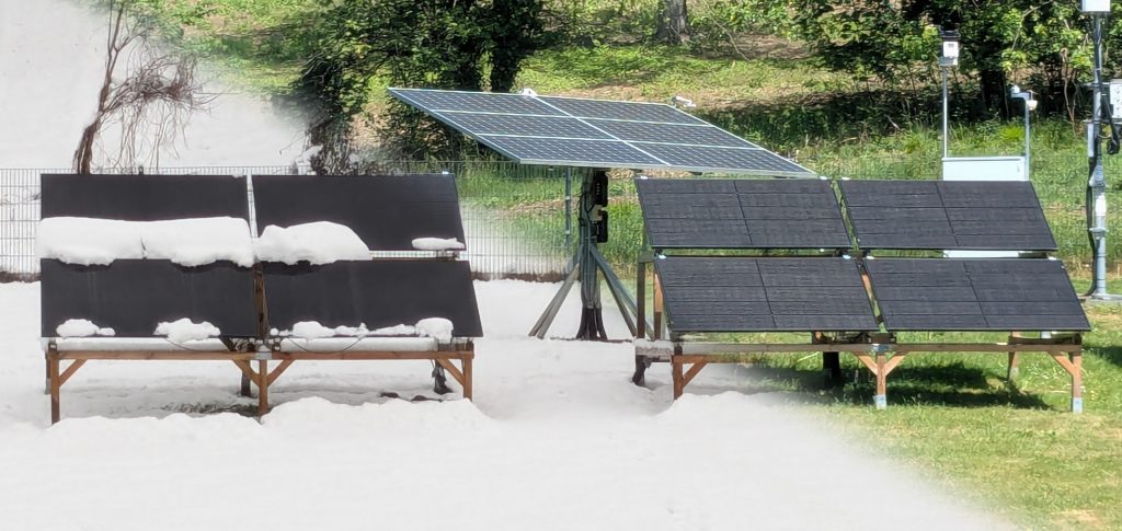 Symbolbild einer PV-Anlage mit Schnee im Winter und im Grünen in der Sonne